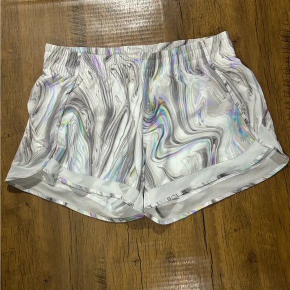 Athleta Mesh Racer Run Short in the "Iridescent Marble Glitch Rainbow" M - Picture 3 of 15